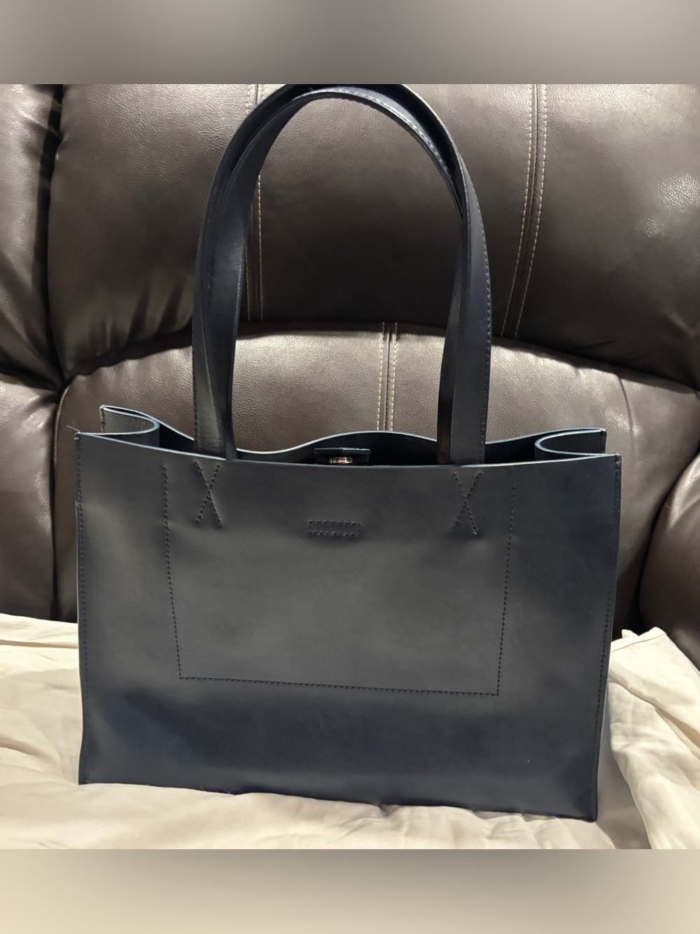 Banana Republic Navy Blue Portfolio Structured Leather Tote Bag Purse
